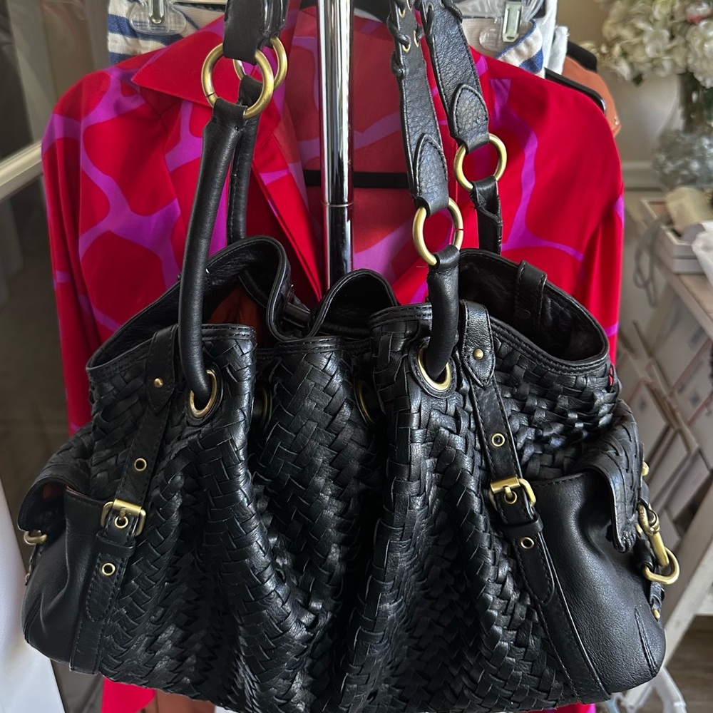 Cole Haan Woven Leather Hobo Shoulder Bag New Without Tags Snap Side Clips